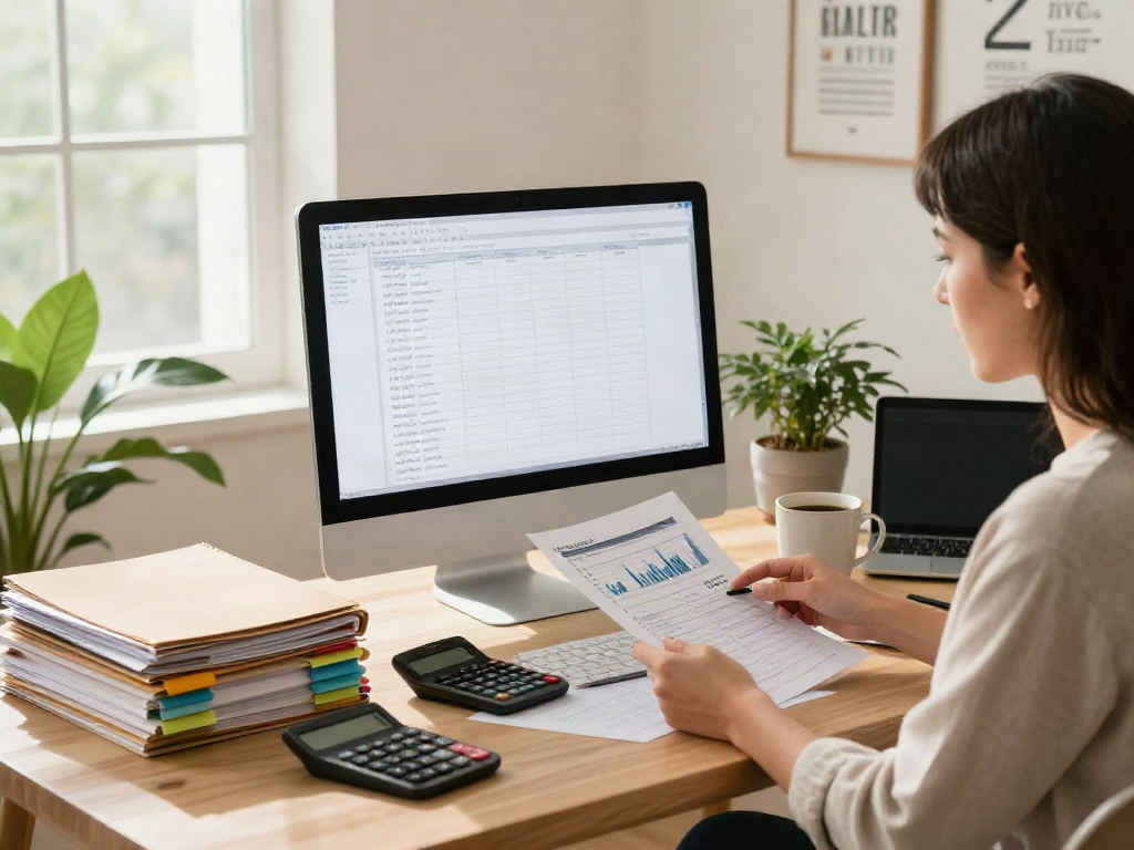 Woman reviewing financial documents while planning to deposit 10k in her home office.