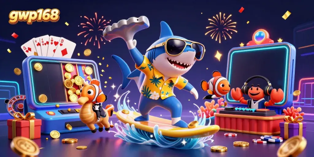 Gambarkan gwp168 dengan hiu kartun, ikan badut, dan kepiting DJ merayakan di lautan koin emas.