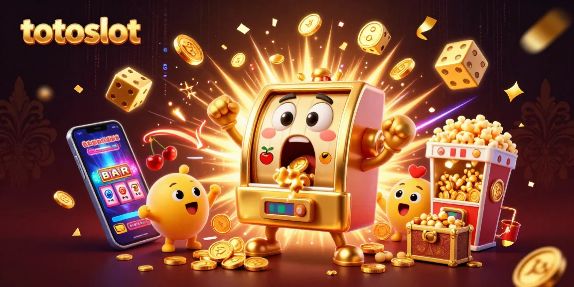 Totoslot boosts excitement with a golden slot machine hitting the jackpot, showered in coins.