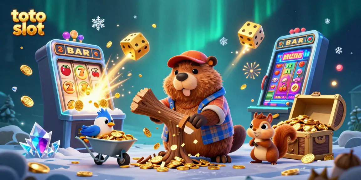 Experience thrilling toto slot action with a whimsical illustration of a beaver, bird, and squirrel amidst gold and jackpots.