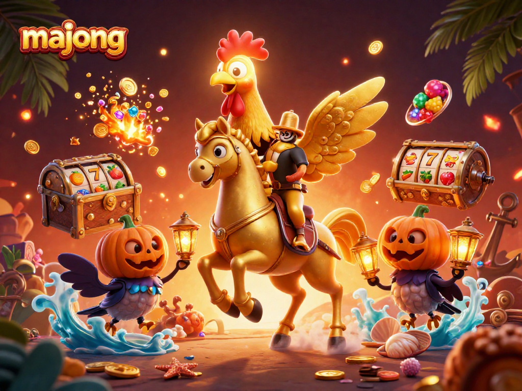 Experience the excitement of mahjong as a golden rooster in a midnight casino setting with vibrant slot gaming elements.