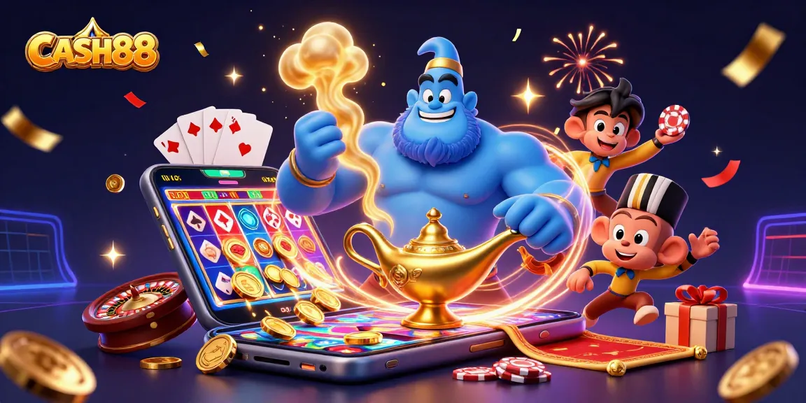 CASH88 unlocks winnings with a magical genie, slot games, and lucky poker chips.