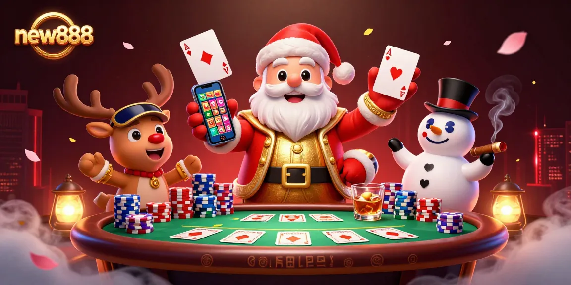 Win big with new888 at the casino, featuring a fun Santa and friends in this immersive scene.