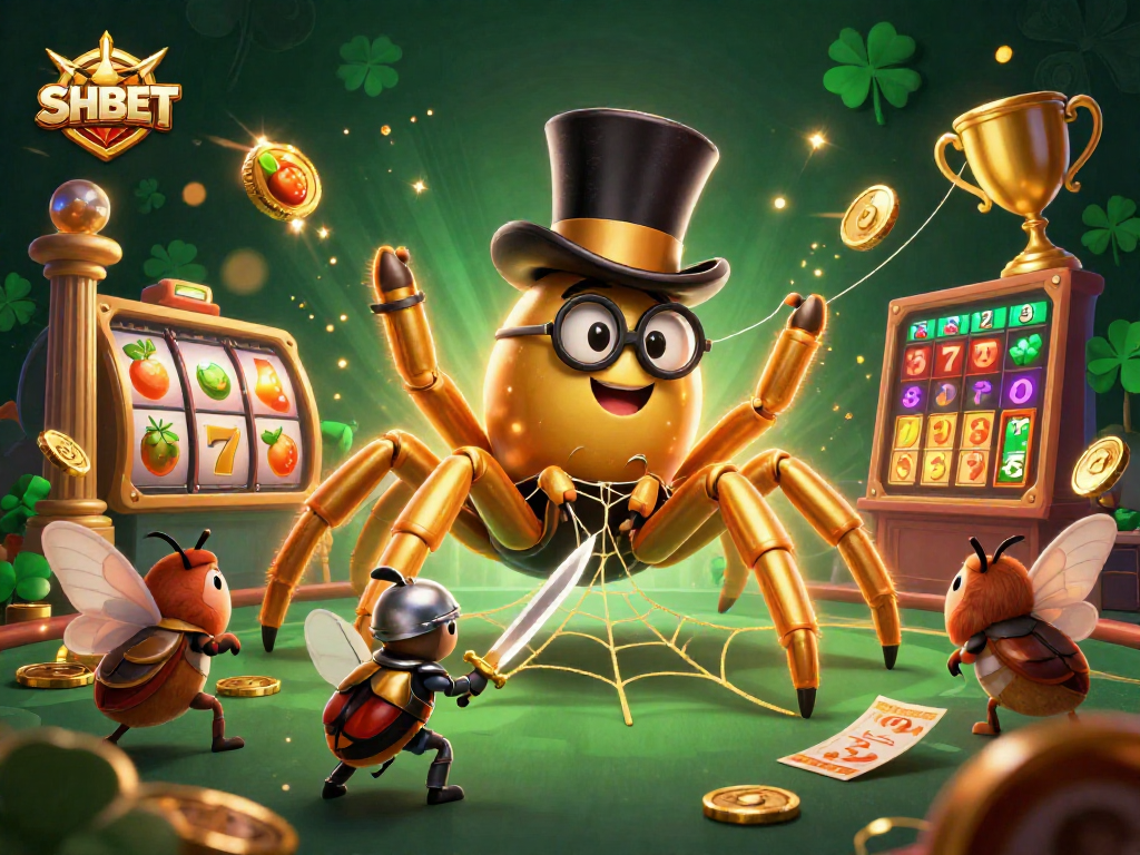 Engage with SHBET's vibrant casino scene, featuring a golden tarantula weaving fortune.