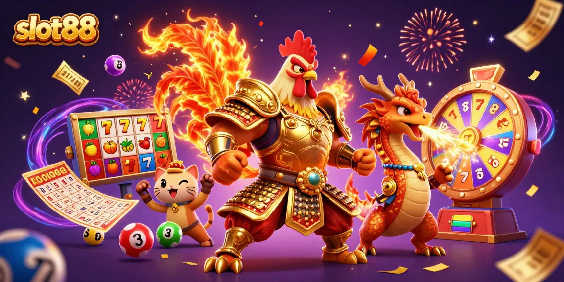 Memenangkan slot88 dengan karakter ayam petarung dan naga ajaib dalam suasana kasino yang meriah.