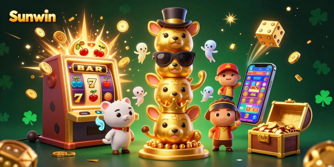 Sunwin offers thrilling casino games with vibrant visuals of slot machines and golden wins.