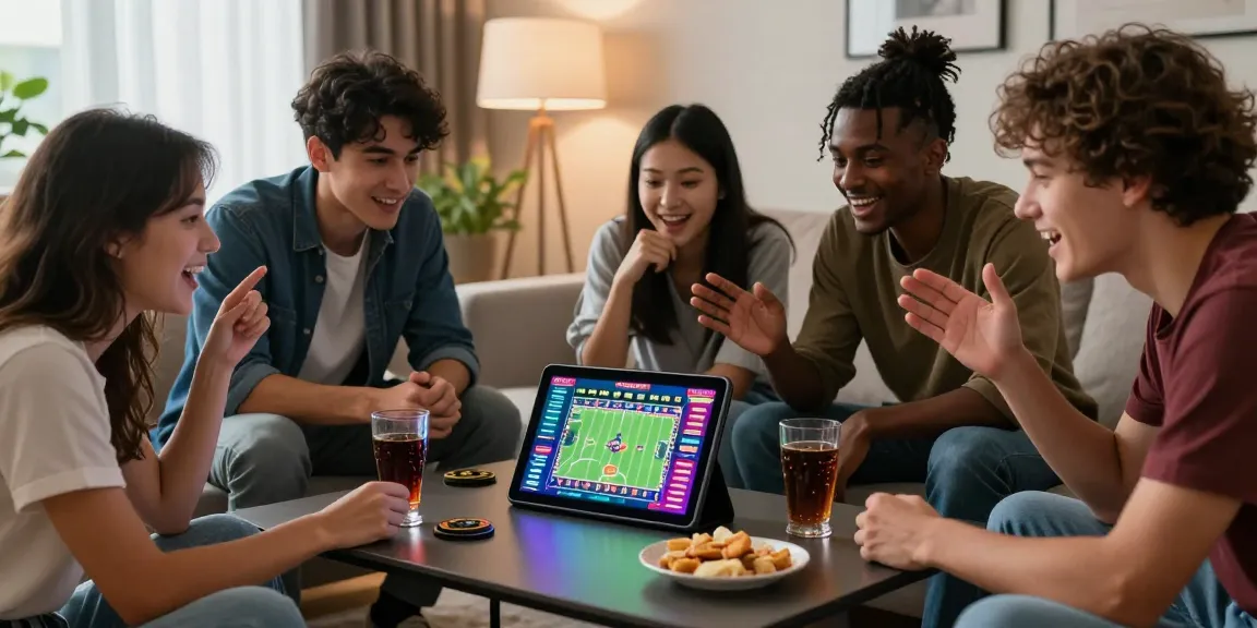 Friends enjoying an online gaming night with lotus365 on tablet, vibrant atmosphere and excitement.