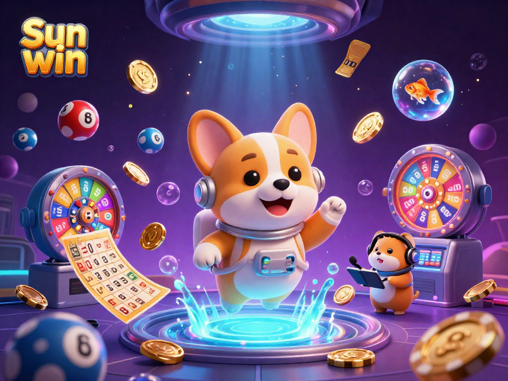Engage in thrilling gaming with Sun win in a dynamic space casino scene featuring corgi astronaut and vibrant gameplay elements.