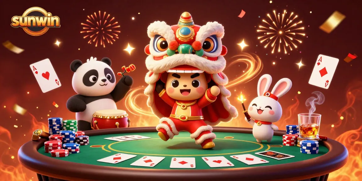 Experience thrilling casino action at sunwin with a festive lion dance, poker elements, and vibrant decorations.