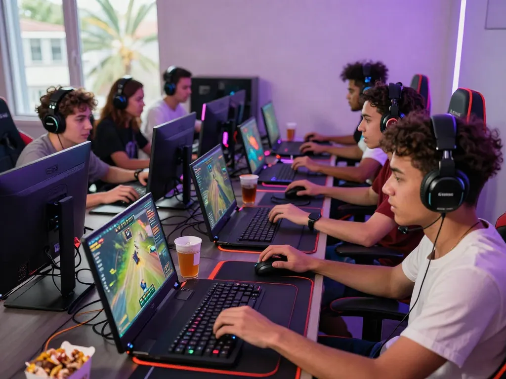A group enjoying a thrilling gaming session with akunjp-themed visuals on high-end screens and immersive setup.