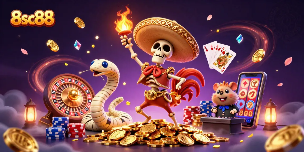 Experience the excitement at 8sc88 with vibrant characters dancing on coins surrounded by dazzling gaming elements.