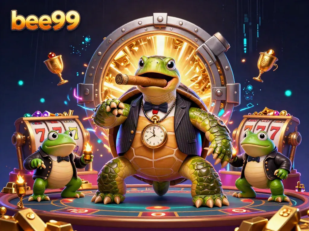 Experience the excitement of bee999 with a charming casino scene featuring a snapping turtle mobster.