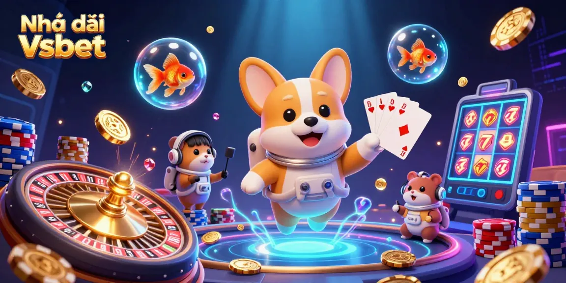 Engage with Nhà cái Vsbet amidst a vibrant casino scene featuring a floating astronaut corgi and dynamic game elements.