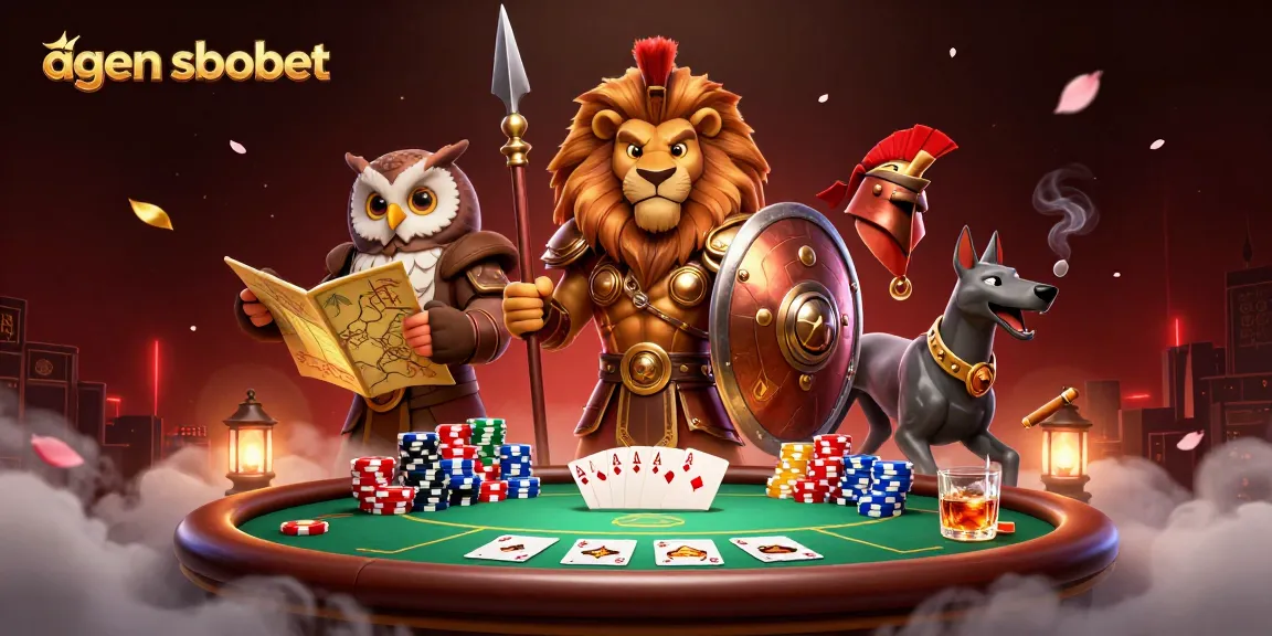 Engage with agen sbobet in an exciting scene featuring a Spartan lion, strategic owl, and swift greyhound in a rich casino atmosphere.