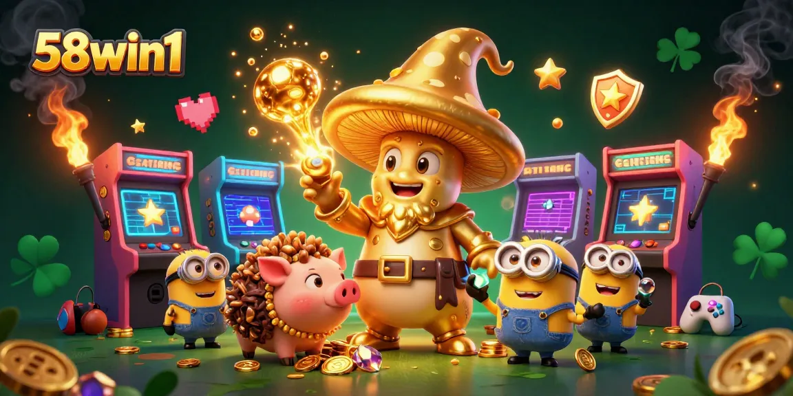 Engage with 58win1's vibrant 3D casino scene showcasing the wizard's treasure hunt.