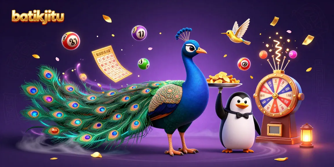 Batikjitu menampilkan burung merak kartun 3D mewah di tengah panggung perjudian dengan bola lotere berwarna-warni dan koin emas berjatuhan.