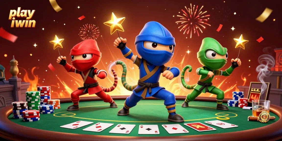Play iwin in a vibrant 3D scene with chameleon ninjas, poker elements, and dynamic atmosphere.