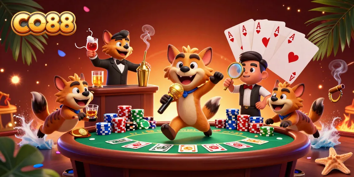 Engage with CO88's vibrant comedy casino scene featuring hyenas at a lively poker night.