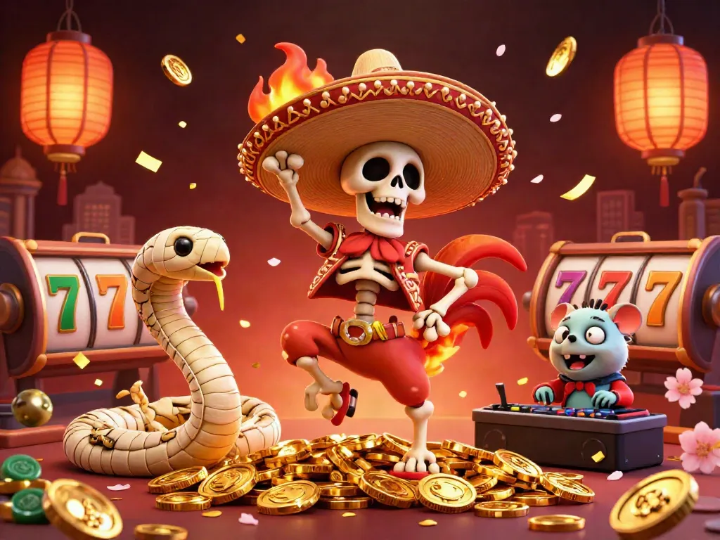 Celebrate wins with BK8 as the skeleton mariachi rooster dances on golden coins amid a vibrant casino scene.