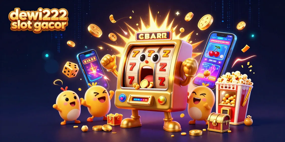 Dewi222 slot gacor illustration showcasing a golden slot machine celebrating a jackpot with cheering baby machines and exciting casino elements.