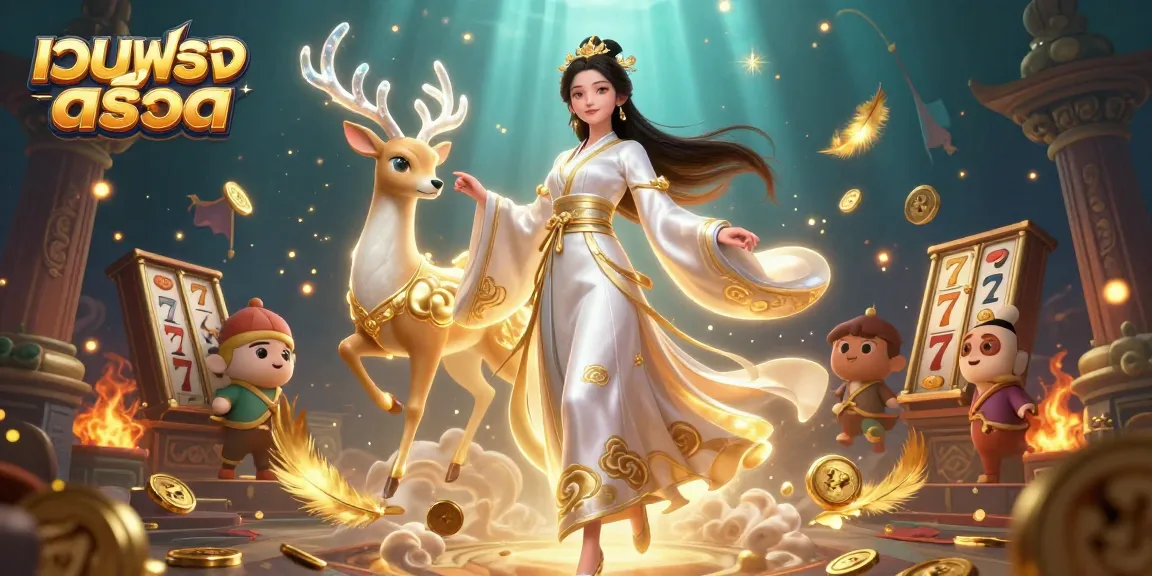 หมุนรีลเว็บตรงสล็อต พร้อมแสดงหญิงชาวเอเชียที่งดงามในชุดฮั่นฟูที่มีเขาทองสุกกลางเหรียญที่หมุนวนและองค์ประกอบของคาสิโนที่สดใส