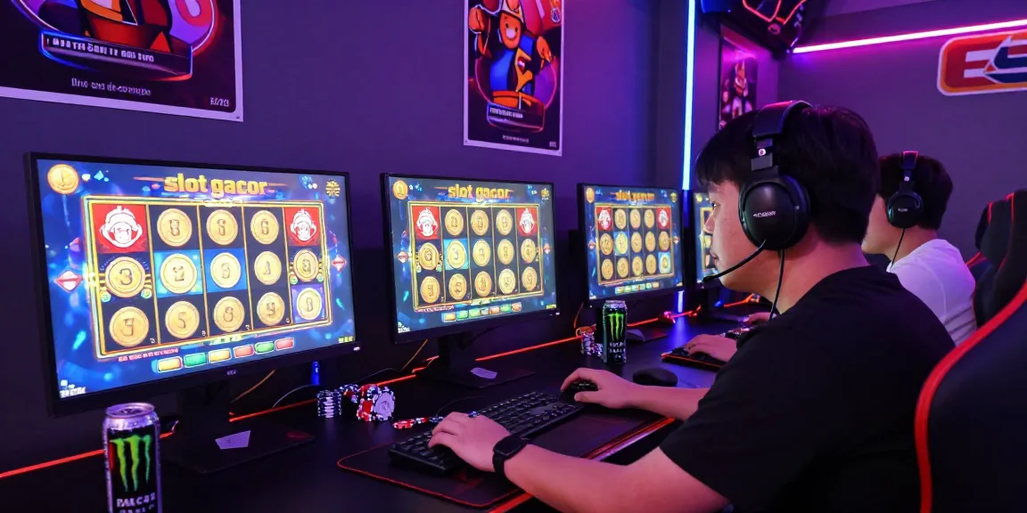 Pengalaman bermain slot gacor di ruang permainan dengan pencahayaan neon dan antusiasme pemain.