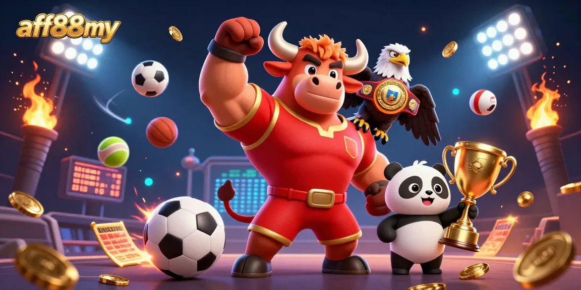 A dynamic representation showcasing afb88my with a bull mascot, eagle, and panda amid sports betting elements.