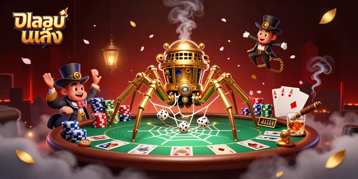 Engage in thrilling แทงบอลเต็ง with an intricate steampunk scene featuring poker elements and whimsical characters.