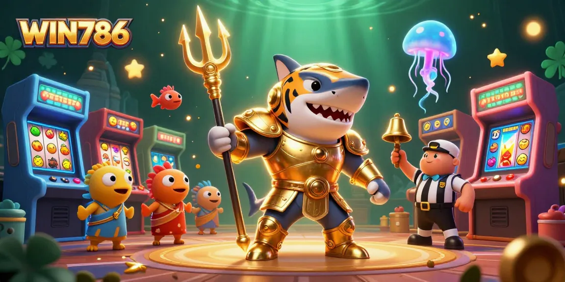 WIN786 offers thrilling gaming with a ferocious shark hero in an underwater arena, surrounded by vibrant casino elements.