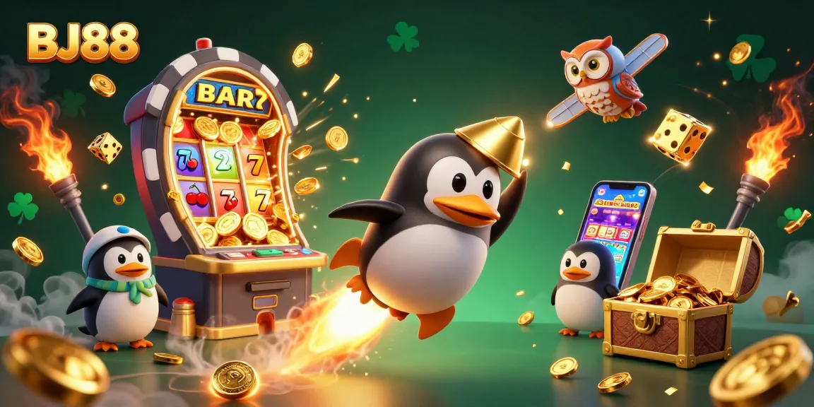 BJ88's exciting online gaming adventure with animated characters and casino elements galore.