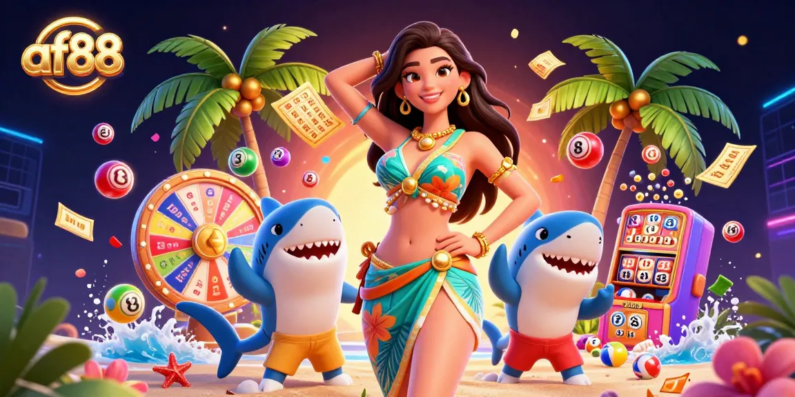 Experience the thrill of winning with af88 and a glamorous beach goddess in a vibrant casino scene.