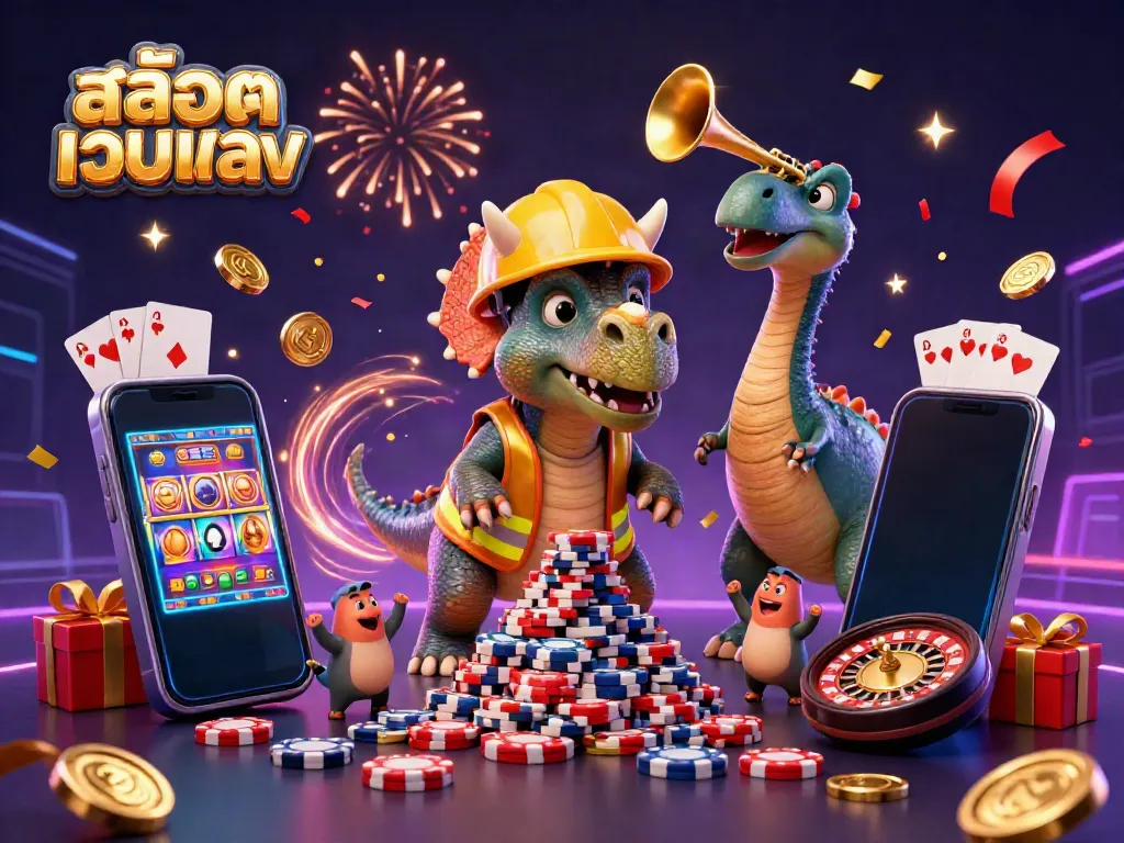 Engaging scene showcasing สล็อตเว็บตรง with a 3D triceratops, festive elements, and gambling icons.