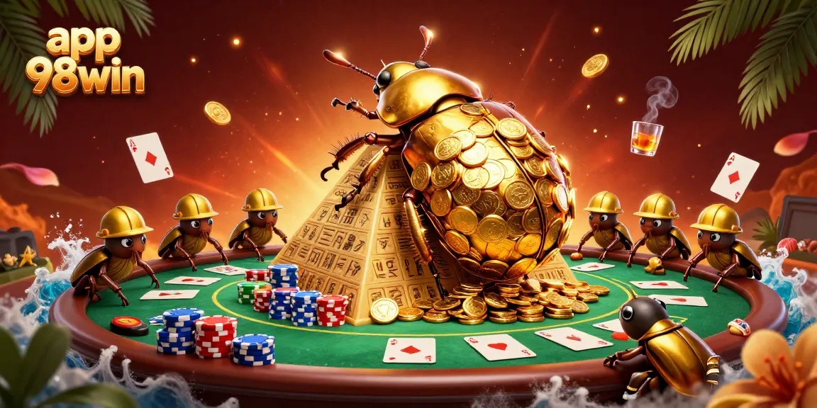 Engage with the exciting app 98win, featuring a golden dung beetle in an action-packed casino scene.