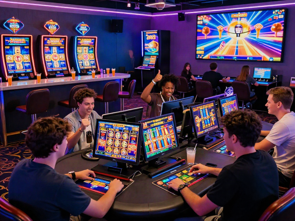 Players enjoying slot online games at a vibrant casino atmosphere with colorful machines and cheering.