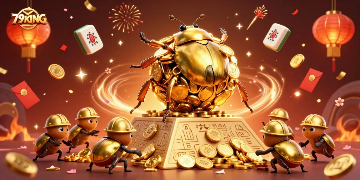 Engage with 79KING as golden beetles roll coin piles in vibrant casino celebration.