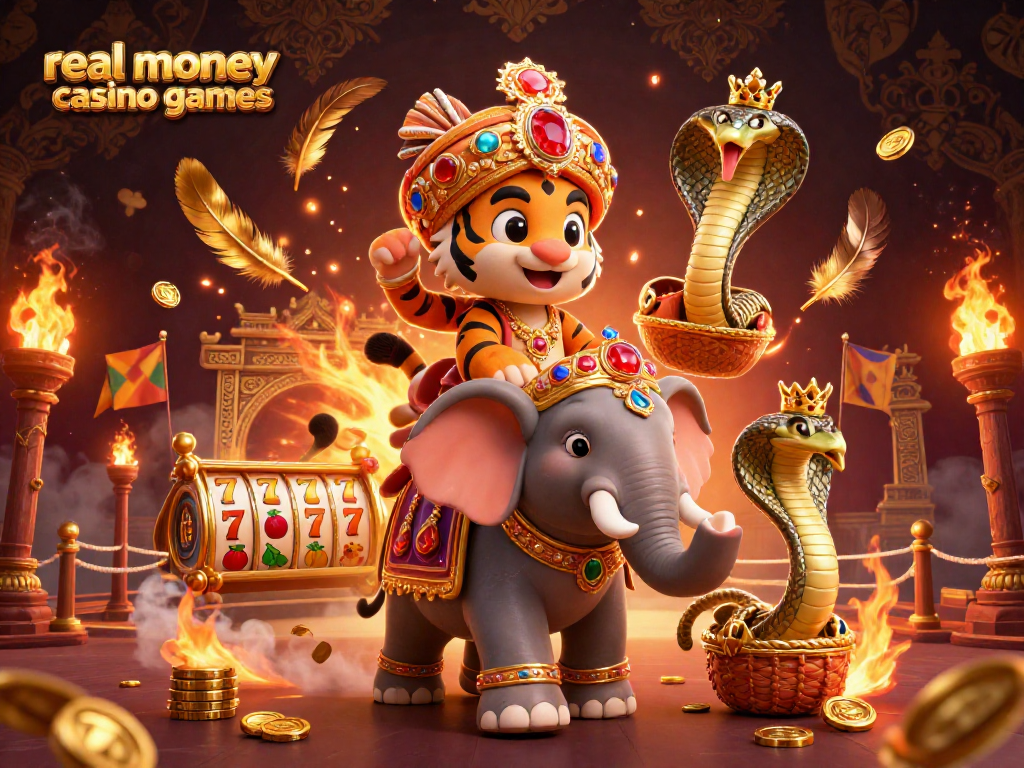 Experience real money casino games in this vibrant 3D illustration featuring a maharaja tiger, glamorous settings, and captivating elements.