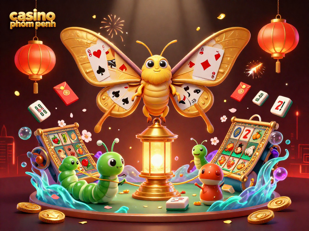 Spin and win at casino phnom penh with vibrant 3D illustrations of game elements and a majestic moth.