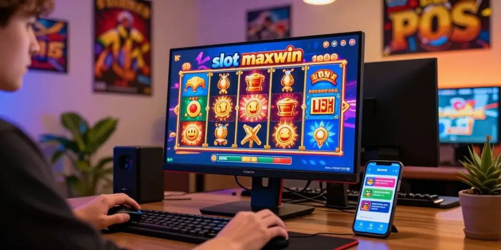 Engaged player at a computer experiencing slot maxwin excitement with vibrant game displays and cozy gaming ambiance.