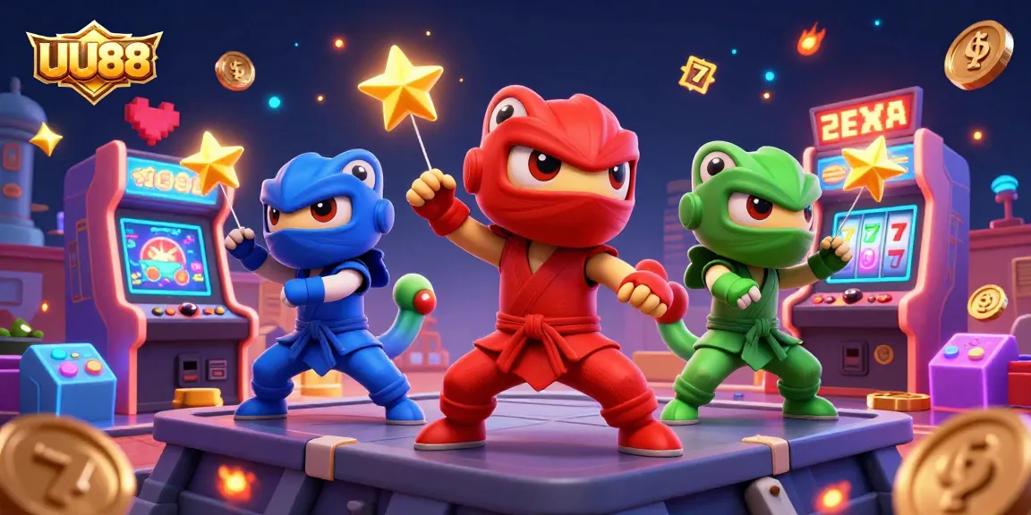 UU88 showcases a vibrant casino atmosphere with ninja chameleons and arcade elements for gamers.