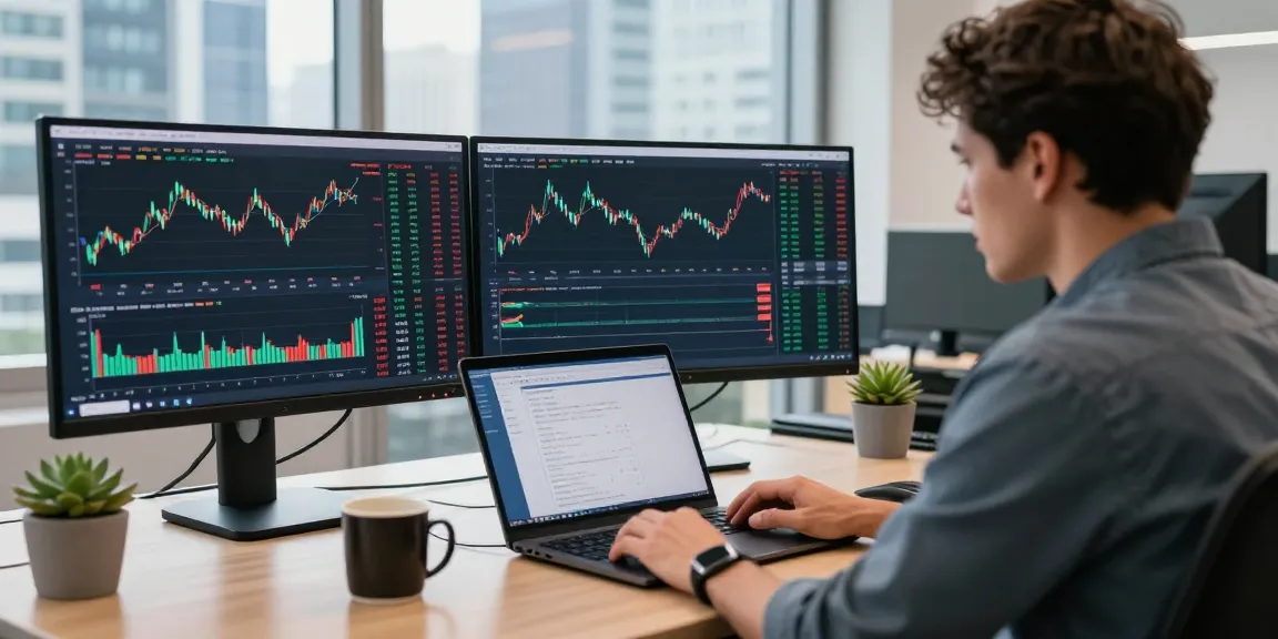 Торговля на платформе биржи BitMEX: трейдер за ноутбуком в современном офисе.