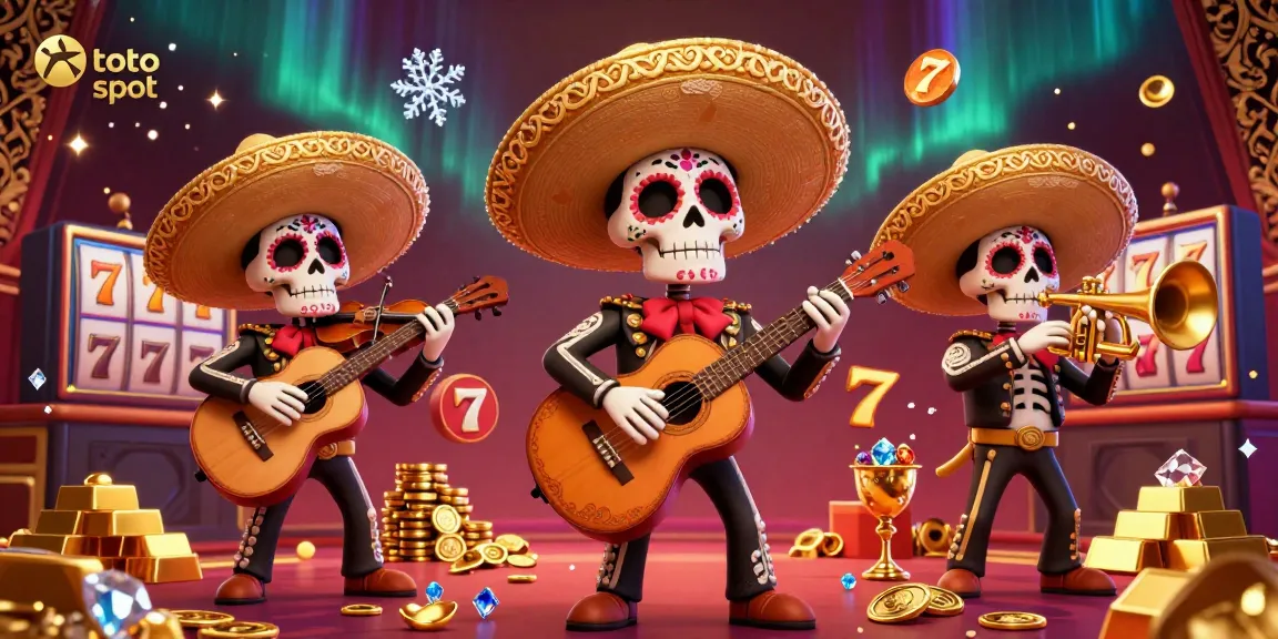 Play toto slot amidst vibrant illustrations of a mariachi band and golden treasure.
