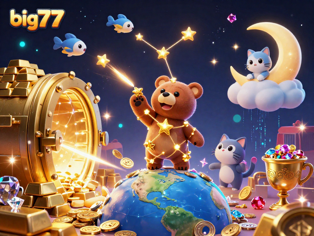 Experience big777 action with a constellation bear and treasure in a spectacular 3D casino scene.