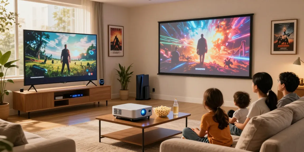 Family enjoying a movie night with the best projector 2026 in a cozy living room setting, showcasing a vibrant display and comfortable ambiance.