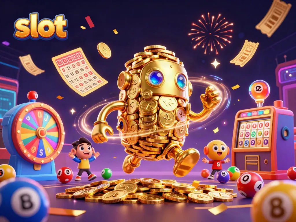 Spin slot reels and win with a golden golem amidst colorful casino elements.