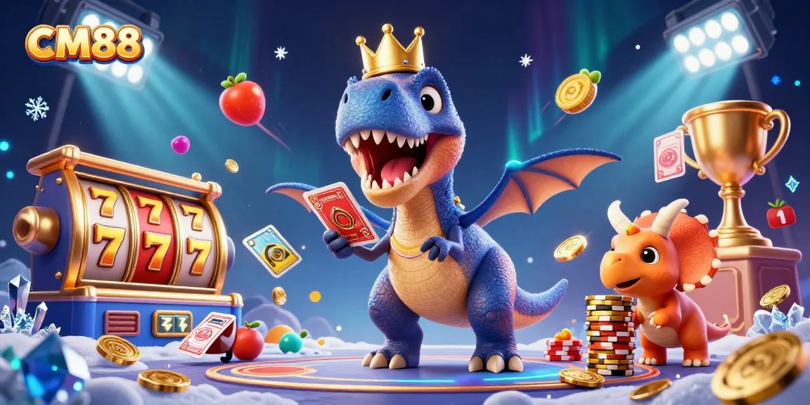 CM88 features lively characters playing cards and stacking chips in a vibrant casino setting.