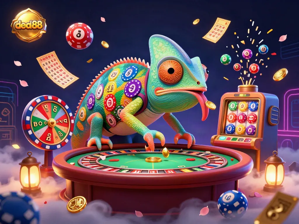Engage with deal88 in this vibrant 3D casino illustration featuring a dynamic chameleon owner and lottery elements.