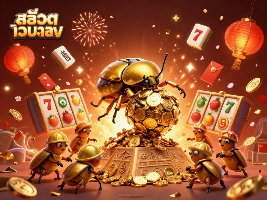 Engage with สล็อตเว็บตรง through an exciting 3D casino scene showcasing golden beetles and slot reels.