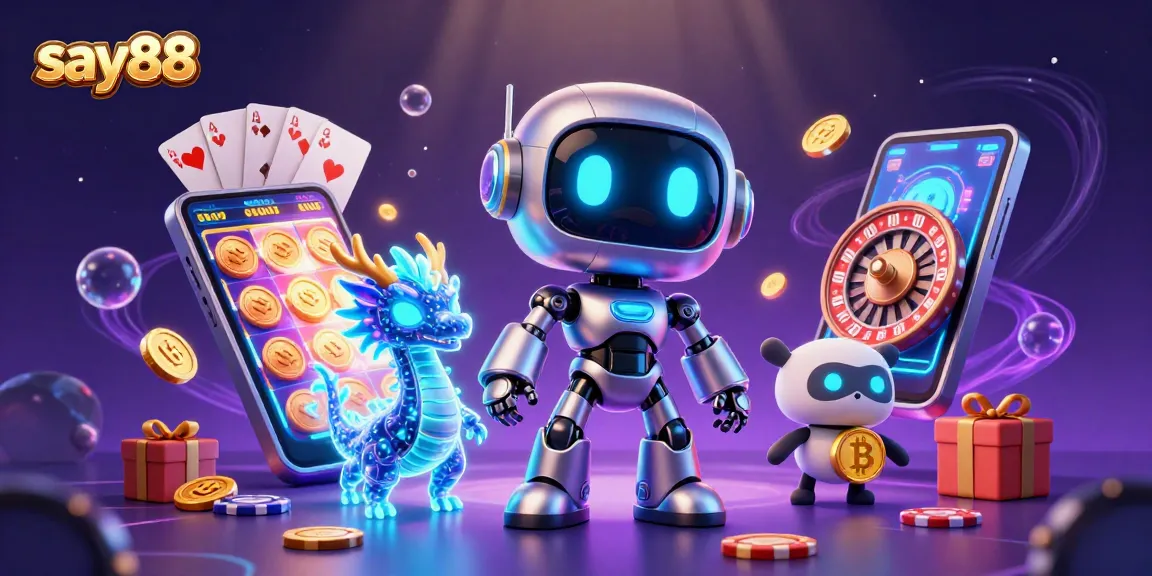 Experience thrilling gaming moments with say88, featuring a dynamic cyberpunk scene of a robot, dragon, and drone with casino elements.