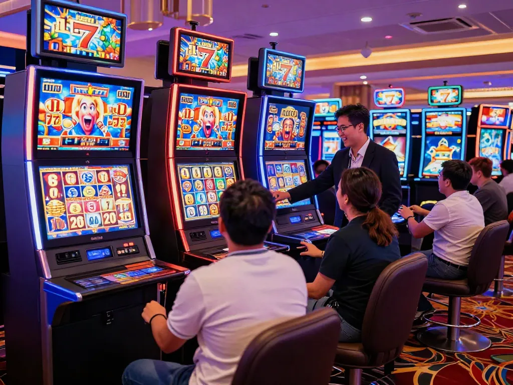 Lucky777 casino players celebrating a jackpot win in a vibrant gaming atmosphere.