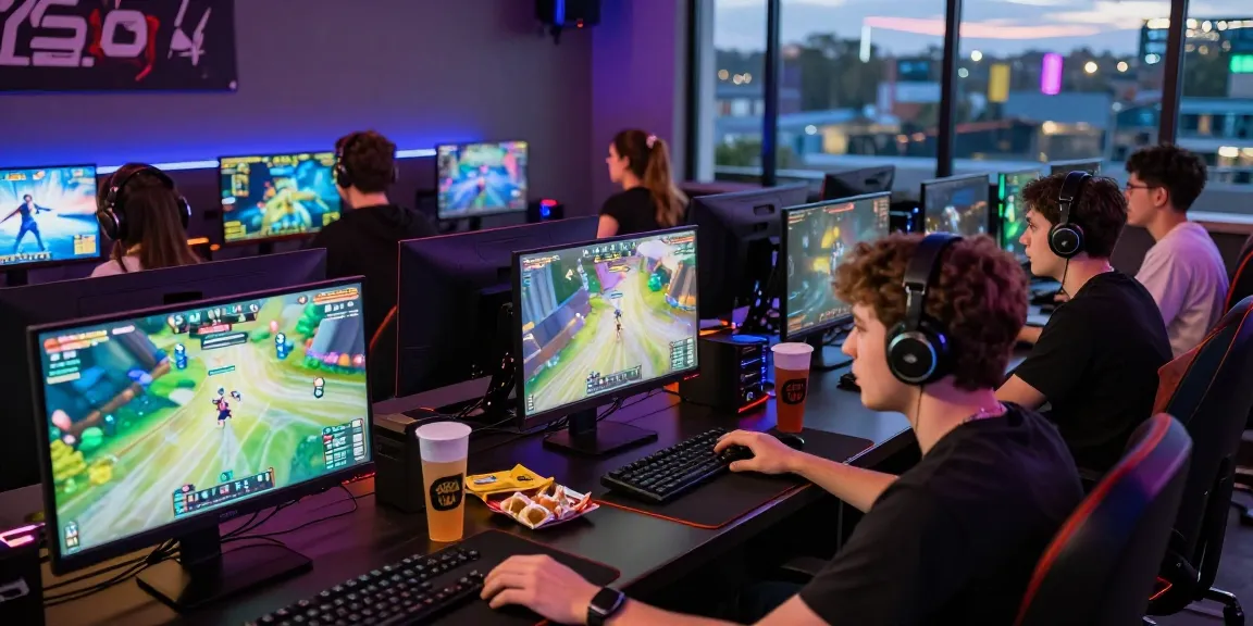 Pengunjung menikmati pengalaman bermain terjun4d di kafe game yang ramai.